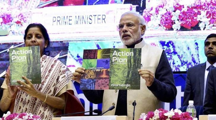 New Delhi: Prime Minister Narendra Modi with Finance Minister Arun Jaitley and Commerce and Industry Minister Nirmala Sitharaman launching the “Startup India” action plan at Vigyan Bhawan in New Delhi on Saturday. PTI