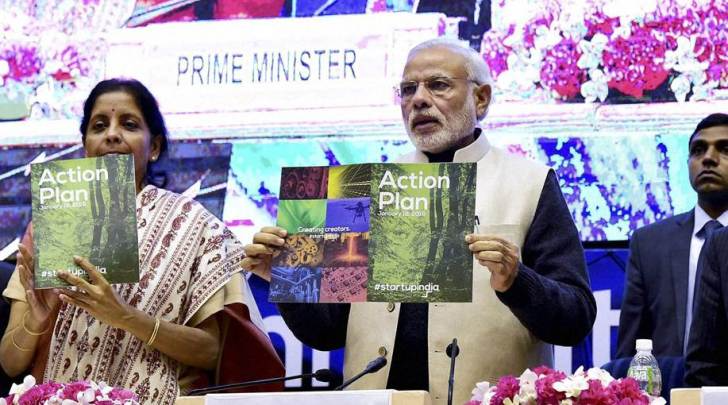 New Delhi: Prime Minister Narendra Modi with Finance Minister Arun Jaitley and Commerce and Industry Minister Nirmala Sitharaman launching the “Startup India” action plan at Vigyan Bhawan in New Delhi on Saturday. PTI Photo by Kamal Kishore.