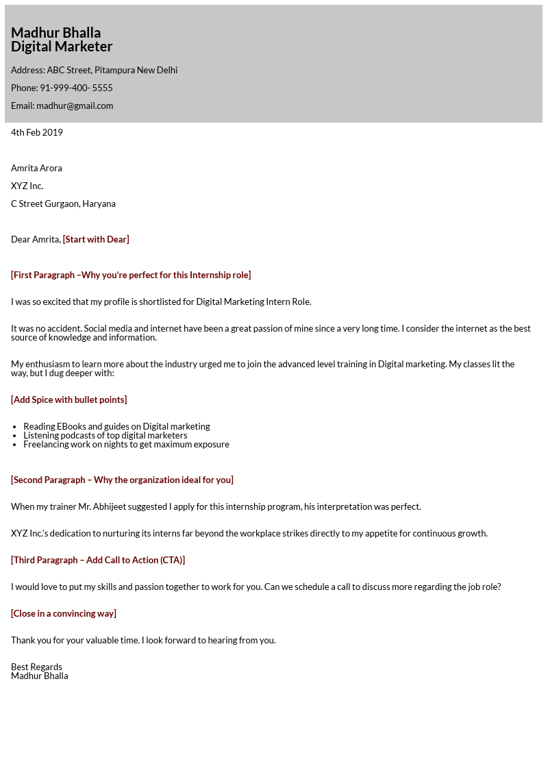 sample Cover Letter for digital marketer