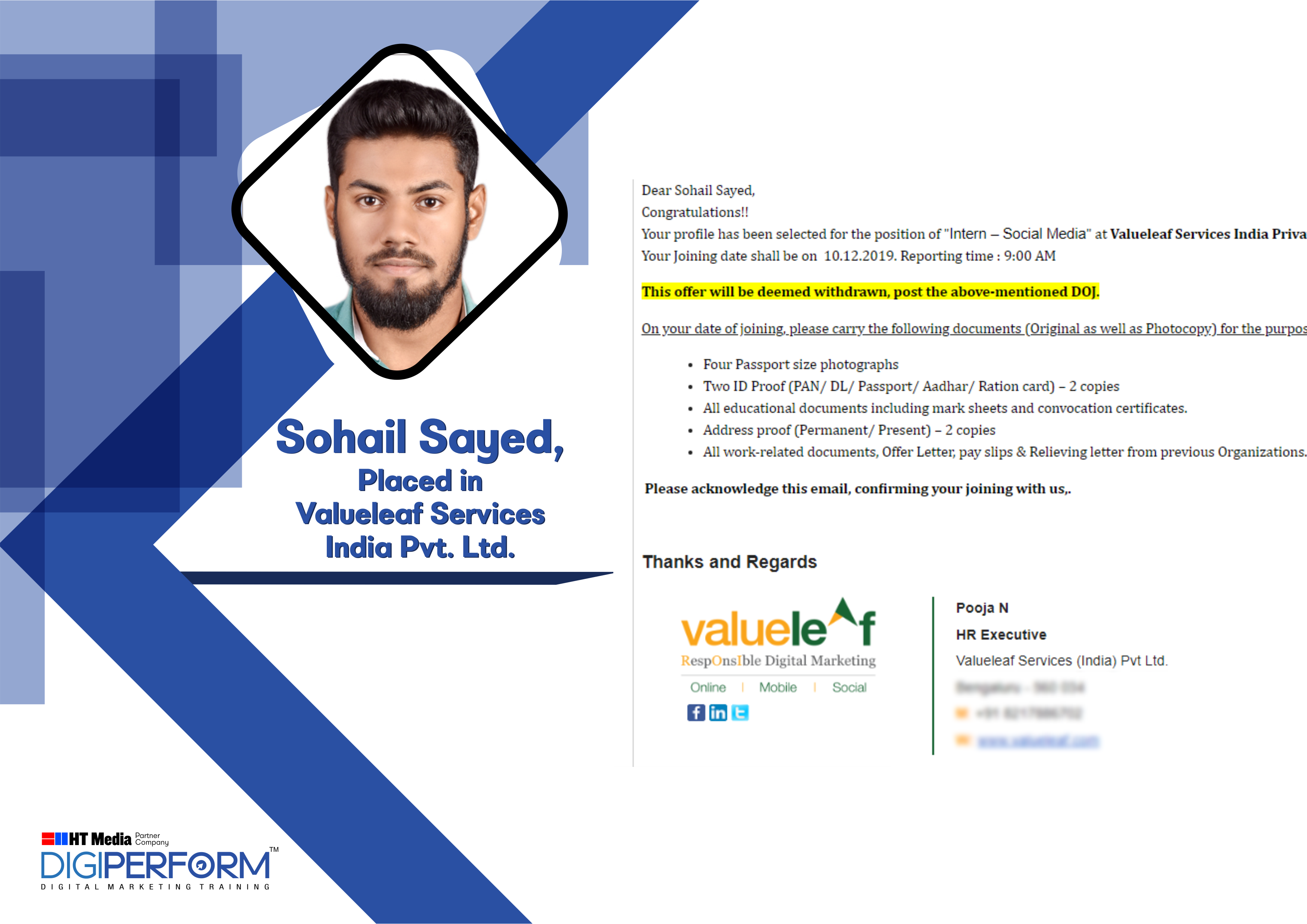 Digiperform Students - Sohail Sayed placed in Valueleaf Services India Pvt. Ltd.