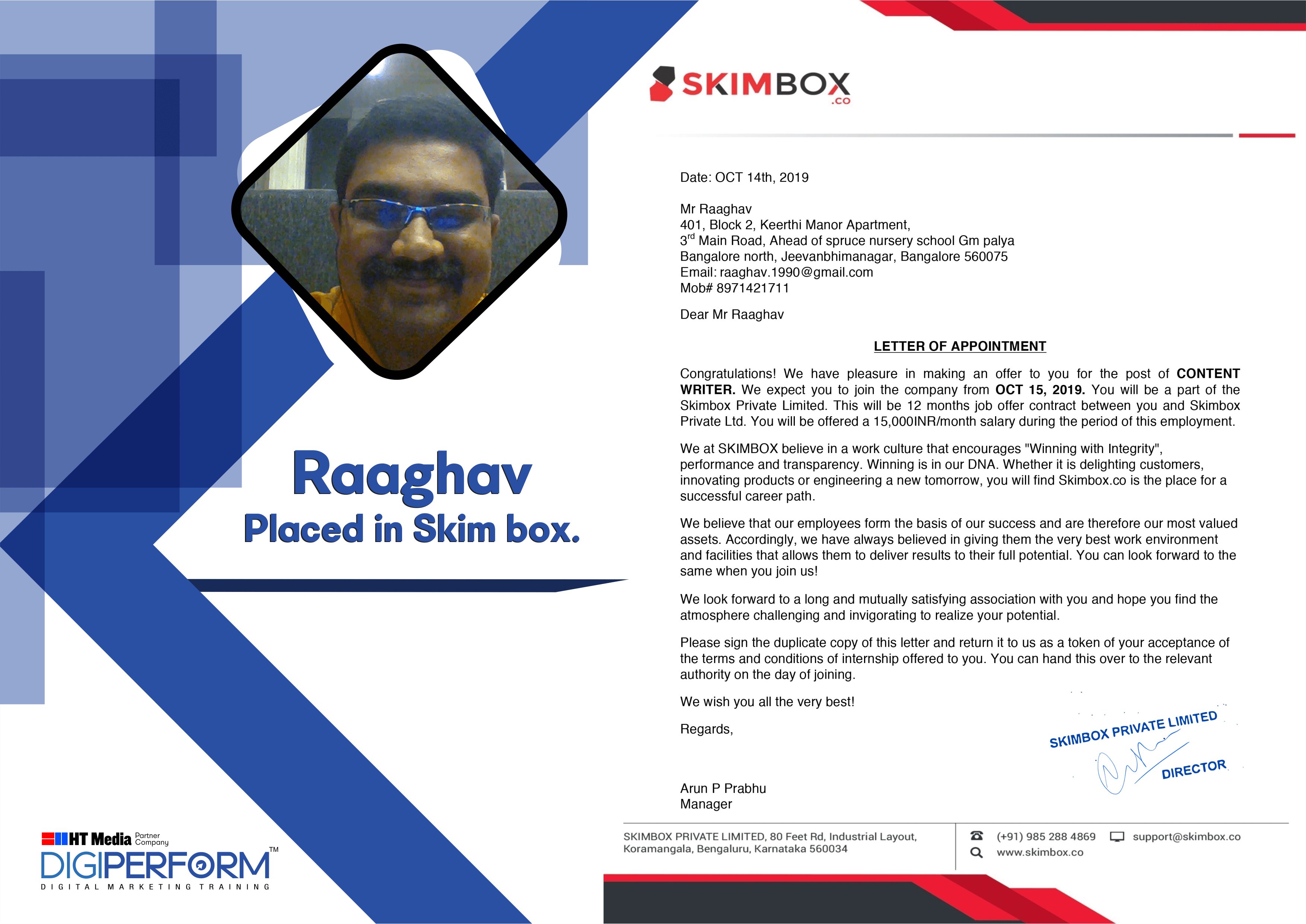 Digiperform Students - Raaghav placed in Skin box