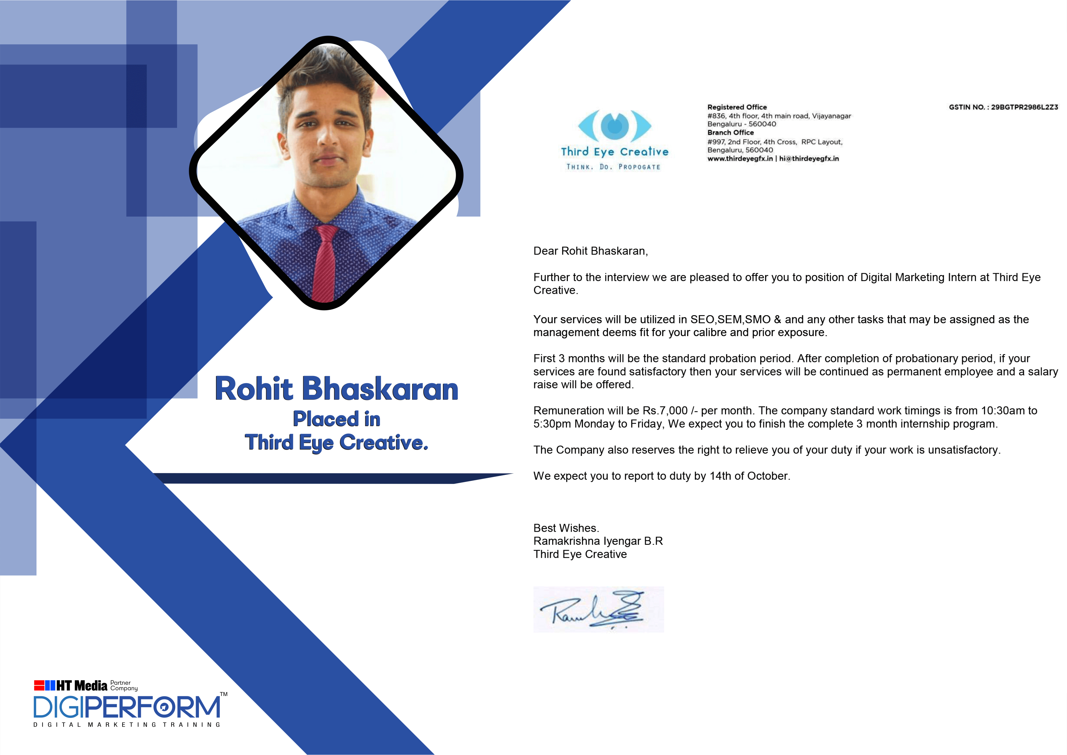 Digiperform Students - Rohit Bhaskaran placed in Third Eye Creative