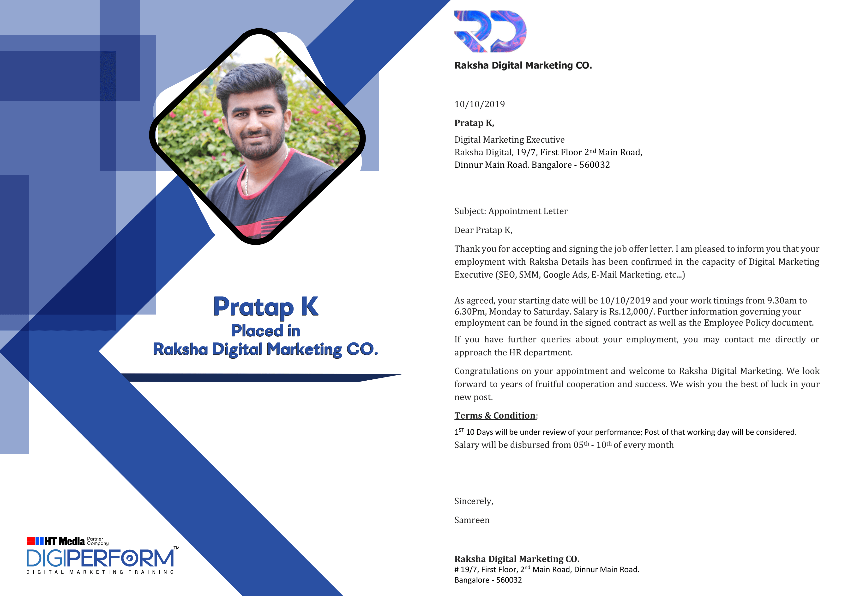 Digiperform Students - Pratap K Placed in Raksha Digital Marketing Co.