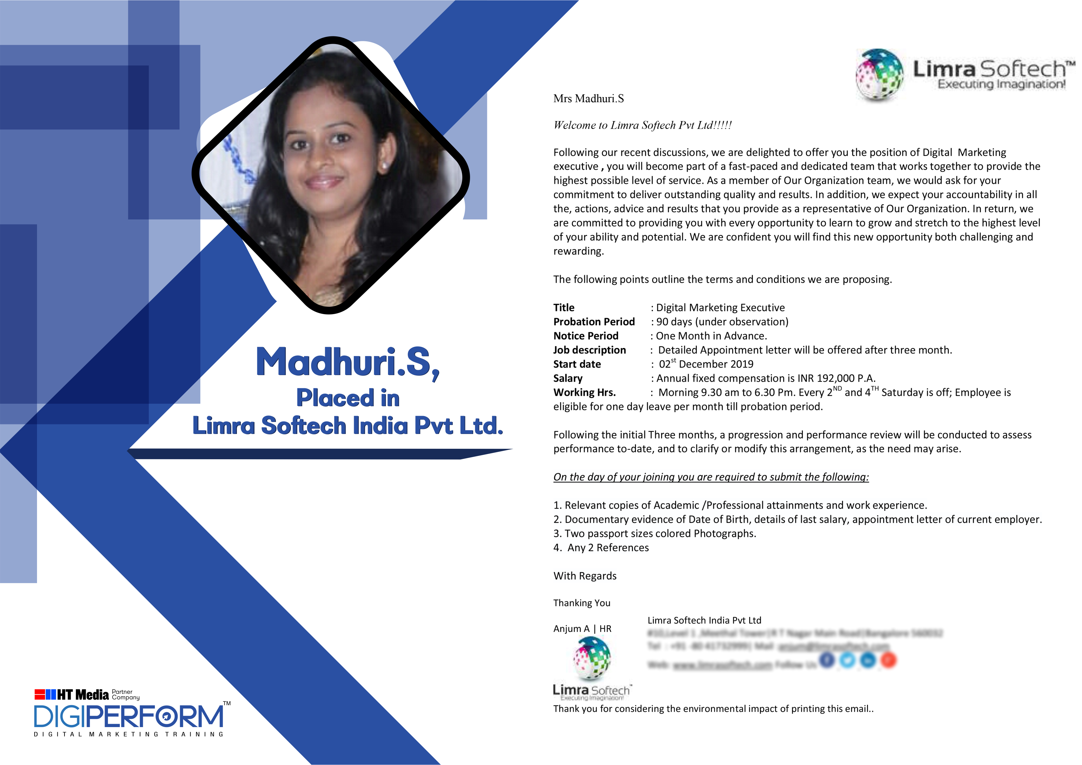 Digiperform Students - Madhuri.S placed in Limra Softech India Pvt. Ltd.