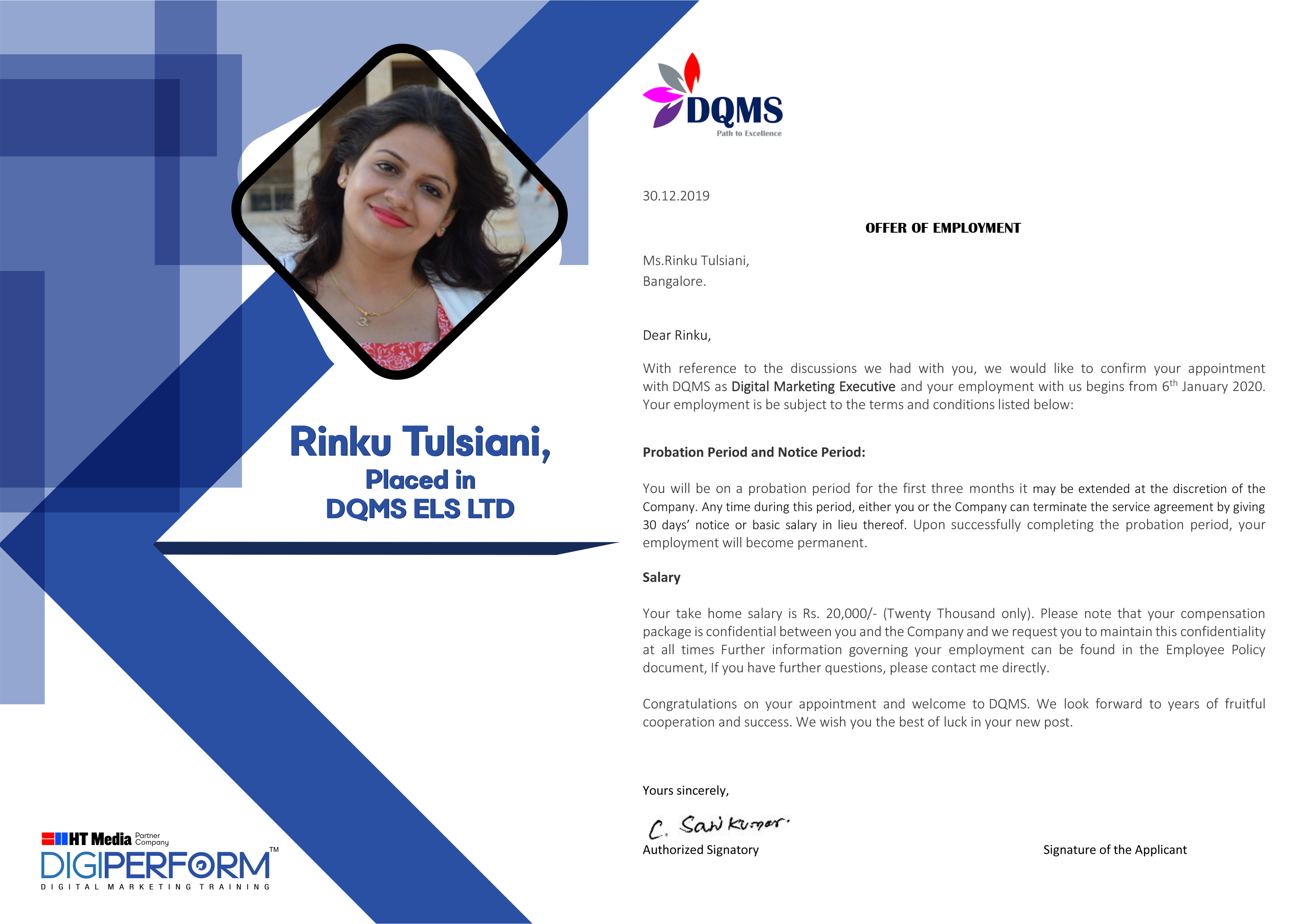 Digiperform Students - Rinku Tulsiani placed in DQMS ELS Ltd.