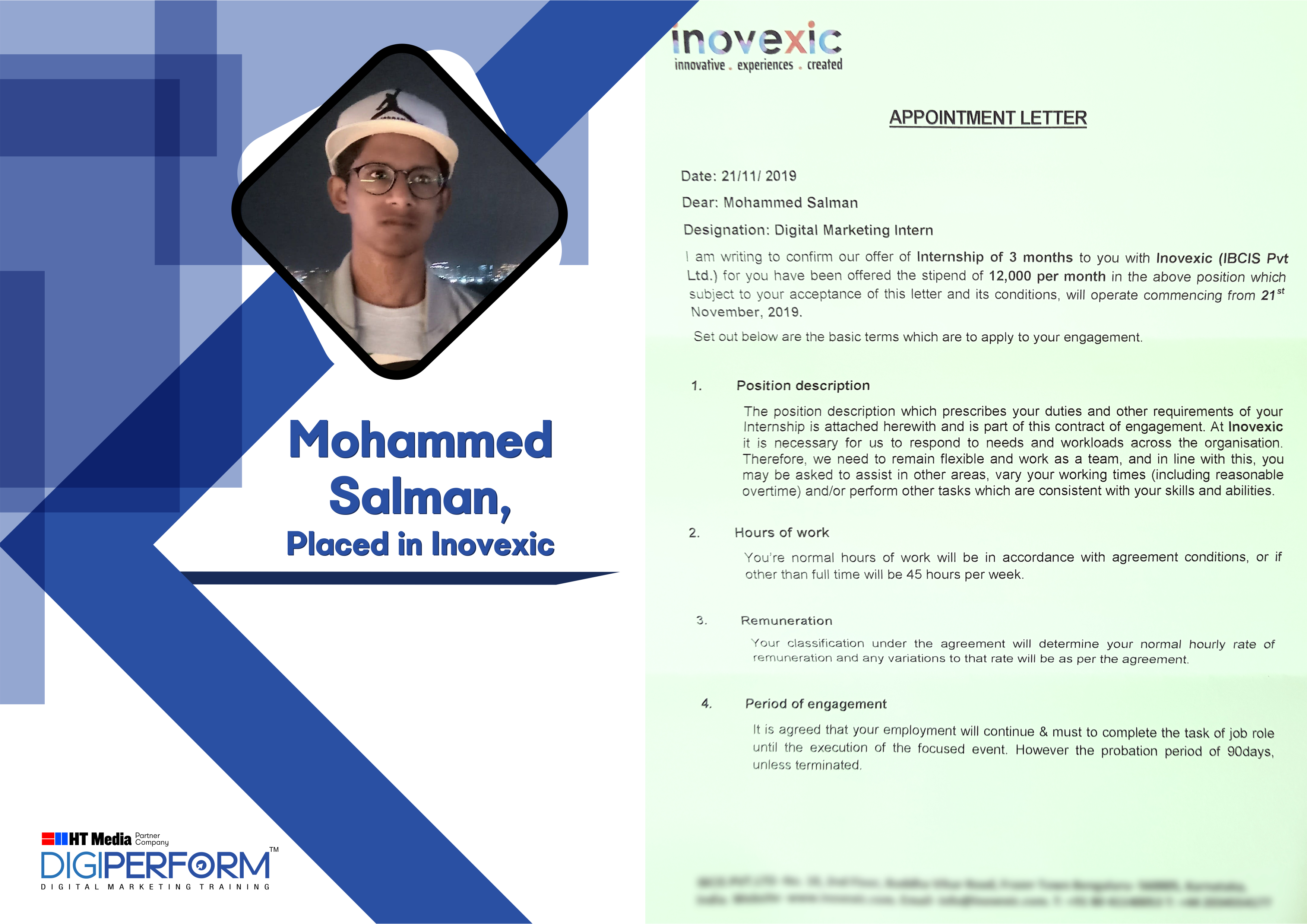 Digiperform Students - Mohammed Salman placed in Inovexic