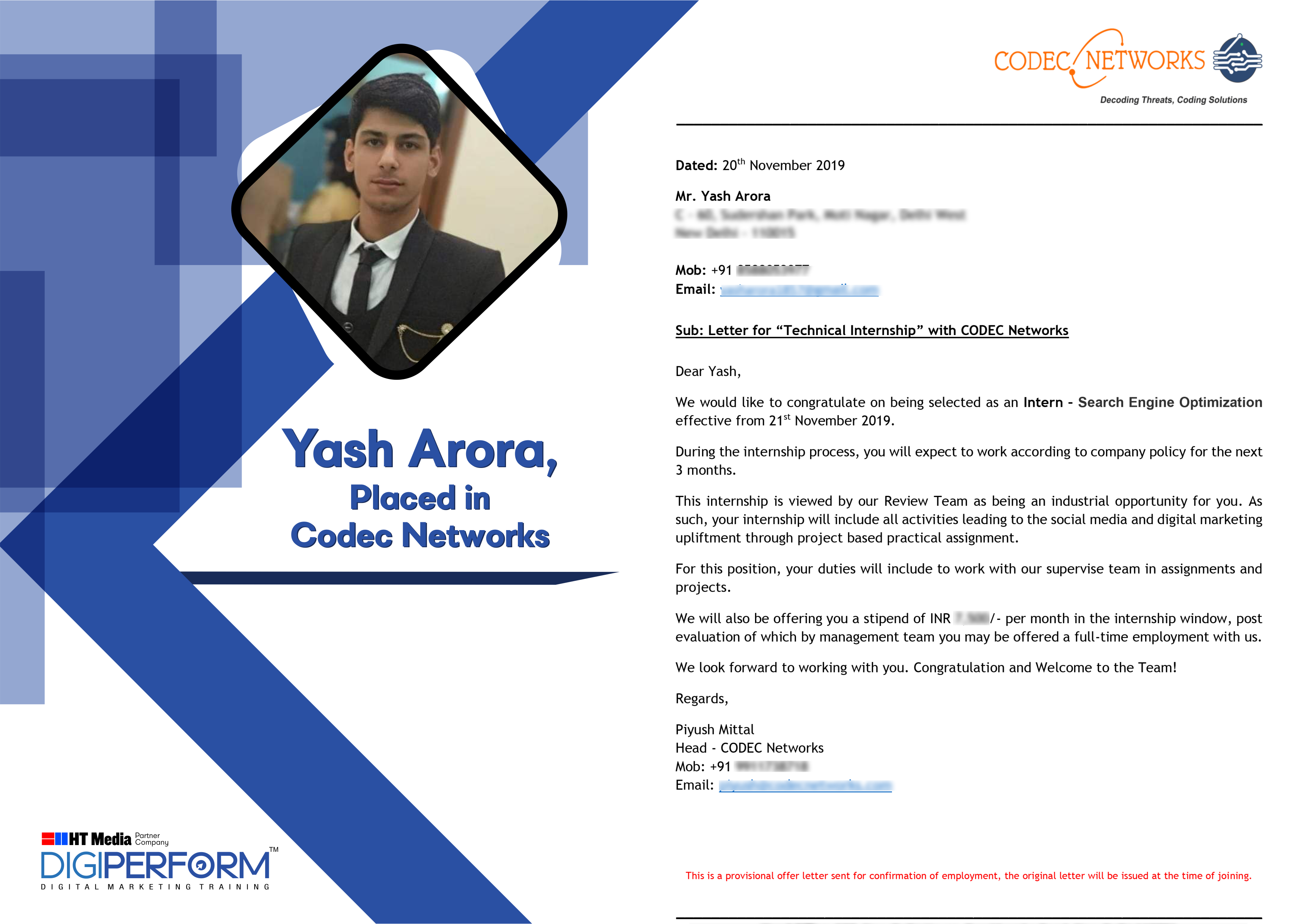 Digiperform Students - Yash Arora placed in Codec Networks