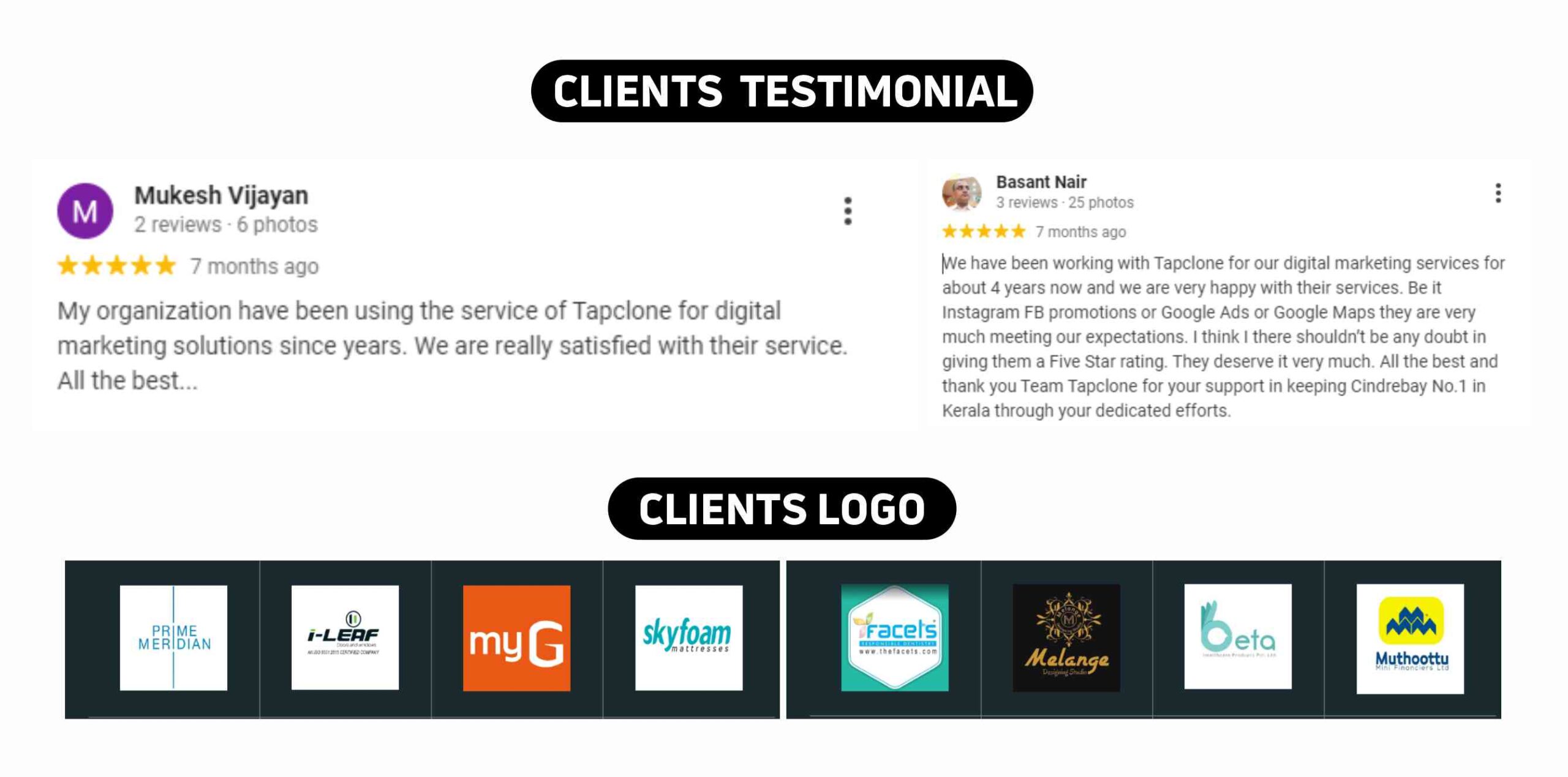 Tapclone Clients Testimonials & logos
