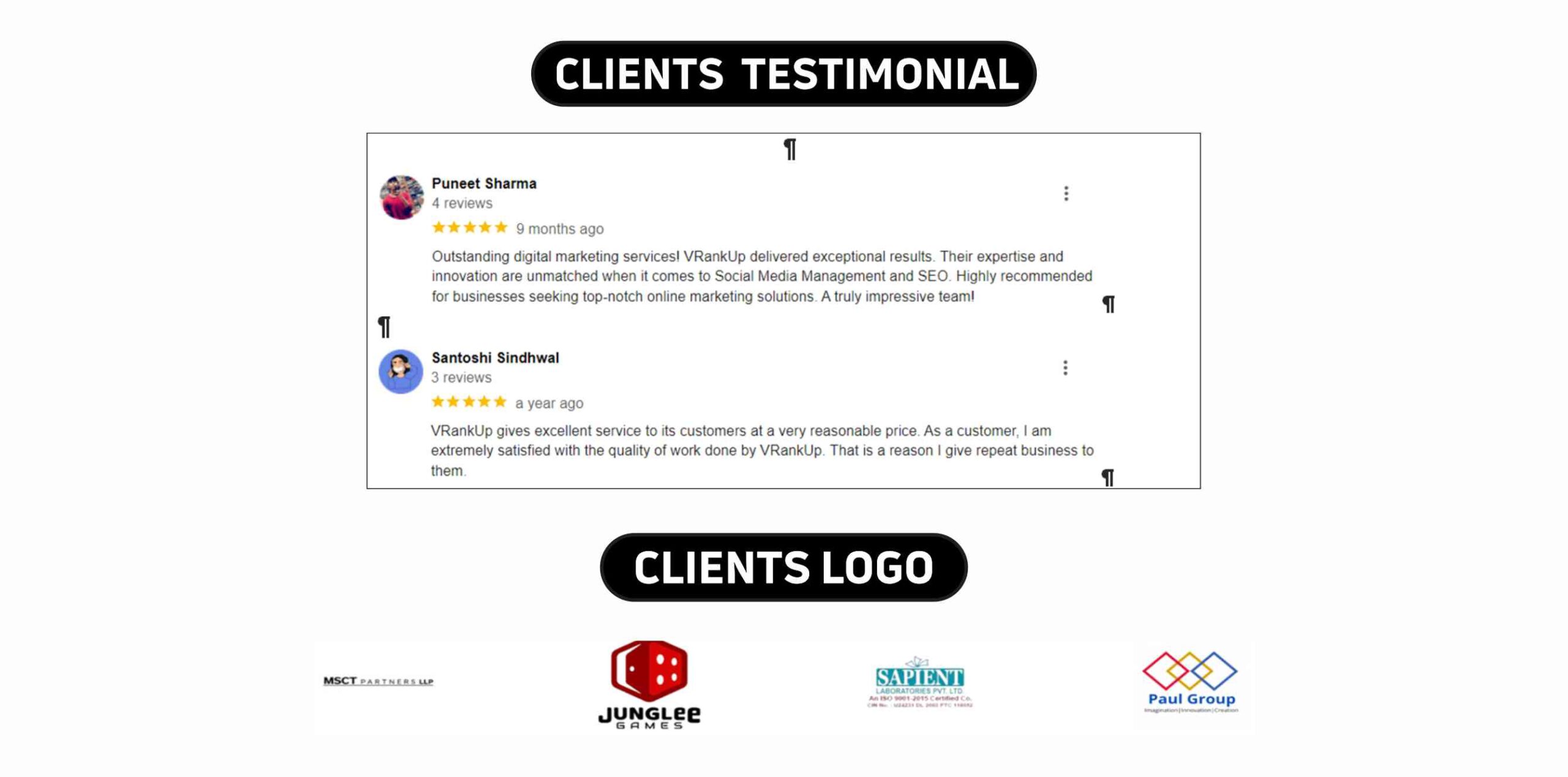 VRankUp Client testimonial & Logos 